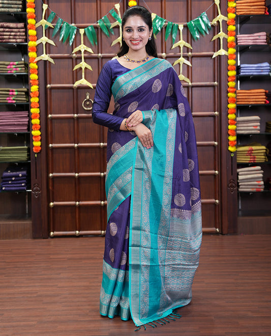 Violet Katan Silk Saree Enthralled with Stripes and Round Buttas on Its Body, Complemented by a Contrast Border of Floral Creeper Designs, Geometric Patterned Pallu, and Paired with a Contrast Blouse