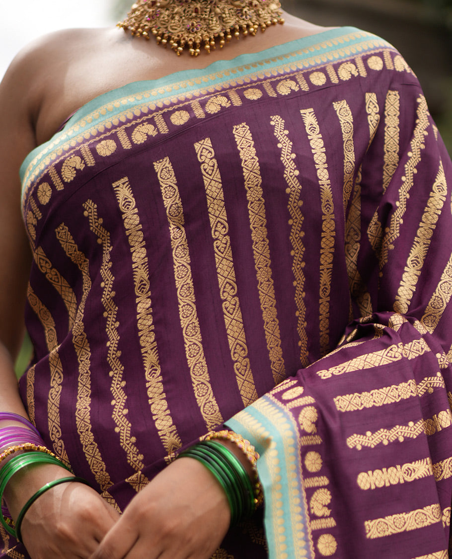 Wine Zari Stripes Fancy Raw Silk Saree, Contrast Traditional Border, Jaal Pallu, and Contrast Blouse