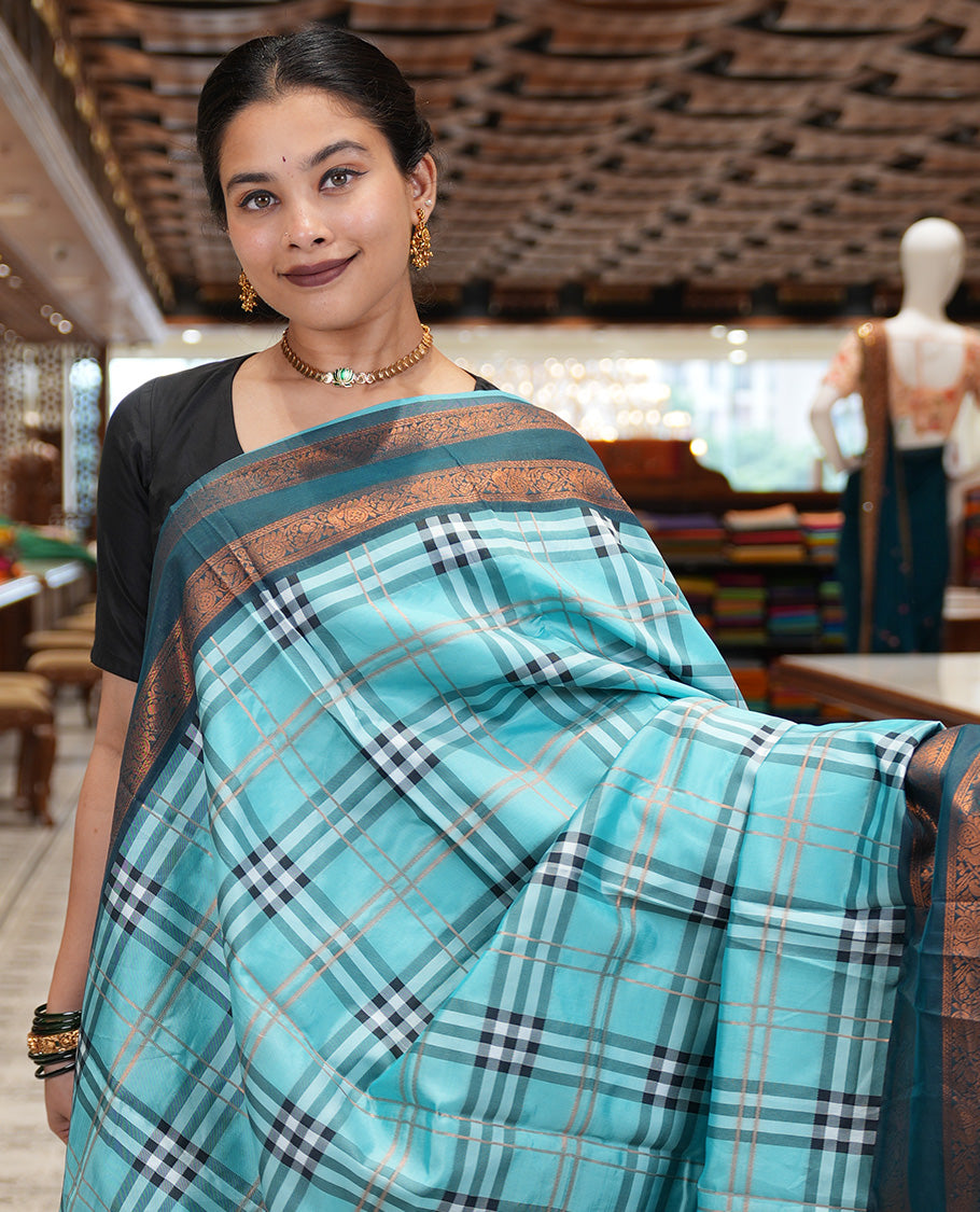 Sky Blue Burberry Checked Litchi Saree, a Contrast Rettai Pettu Border, Grand Pallu, Contrast Blouse