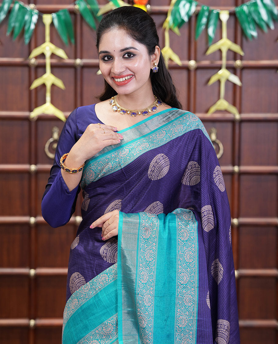 Violet Katan Silk Saree Enthralled with Stripes and Round Buttas on Its Body, Complemented by a Contrast Border of Floral Creeper Designs, Geometric Patterned Pallu, and Paired with a Contrast Blouse