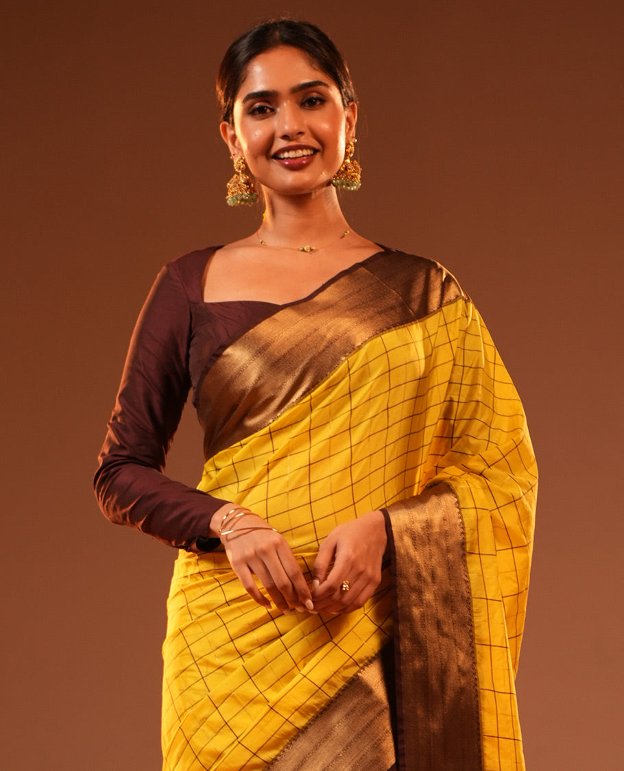 Lemon Yellow Checks Semi-Soft Silk Saree