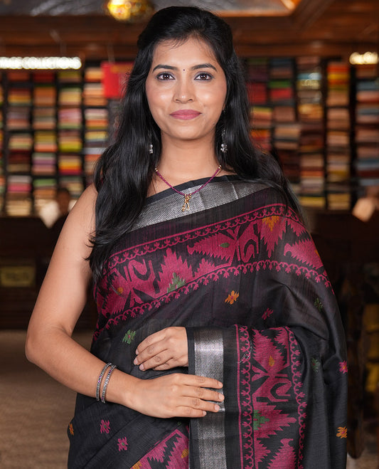 Black Jute Linen Saree, Adorned with Thread Buttas, a Self-Border and Pallu of Jamdani-Style Designs and a Plain Blouse