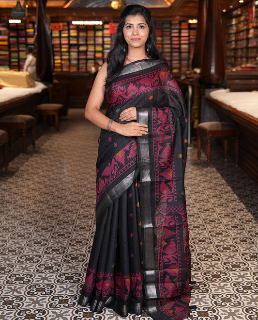 Black Jute Linen Saree, Adorned with Thread Buttas, a Self-Border and Pallu of Jamdani-Style Designs and a Plain Blouse
