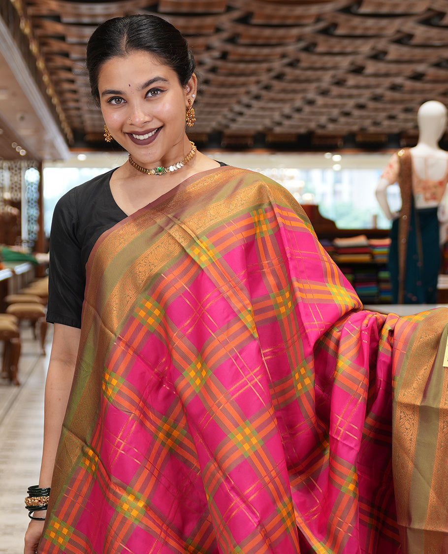 Pink Burberry Checked Litchi Saree, a Contrast Rettai Pettu Border, Grand Pallu, Contrast Blouse