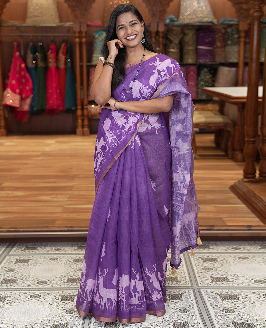 Violet Christmas-Themed Linen Cotton Saree, a Subtle Piping Border, a Christmas-Themed Print Pallu, a Contrast Blouse