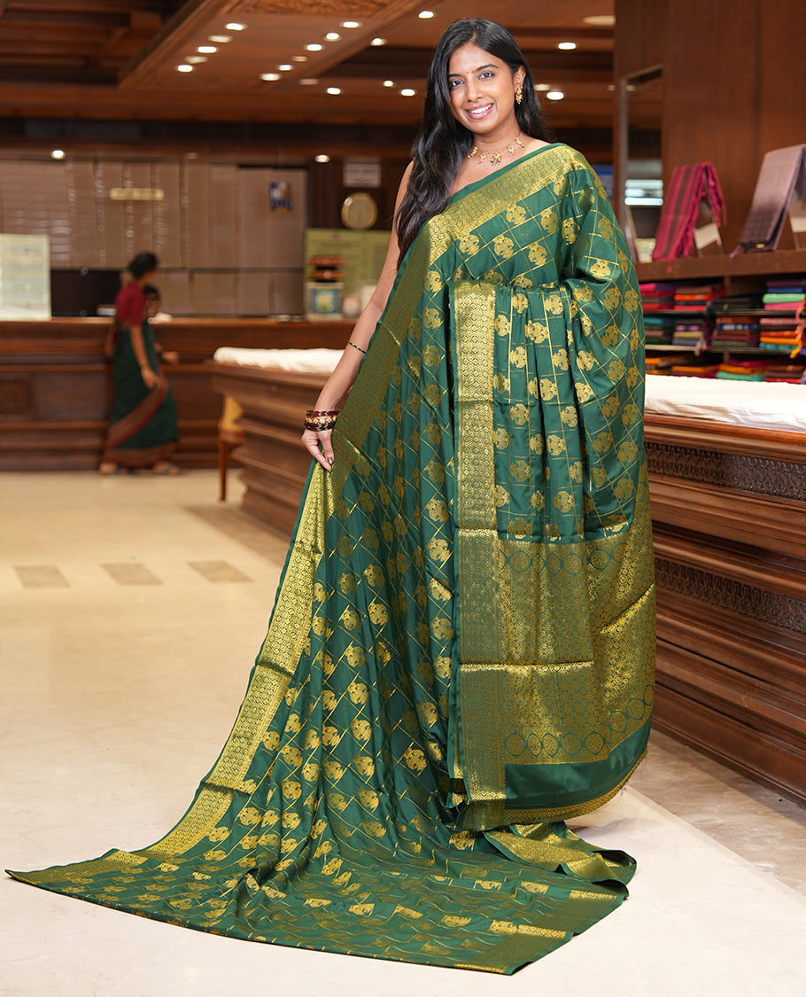 Bottle Green Mysore Silk Saree Features Iruthalai Pakshi Buttas Enclosed Checks, a Traditional Border, Matching Blouse