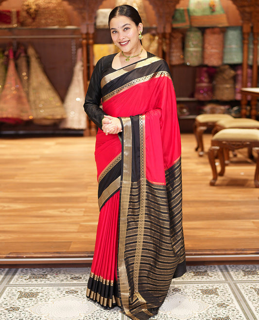 Red and Black Plain Semi-Mysore Silk Saree, Complemented by a Contrast Rettai Pettu Traditional Zari Border of Diamond Designs, Pallu Steeped with Gleaming Zari Stripes, and Paired with a Contrast Blouse