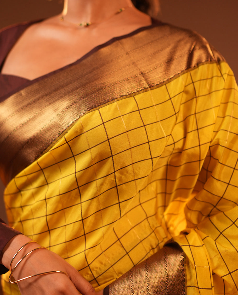 Lemon Yellow Checks Semi-Soft Silk Saree