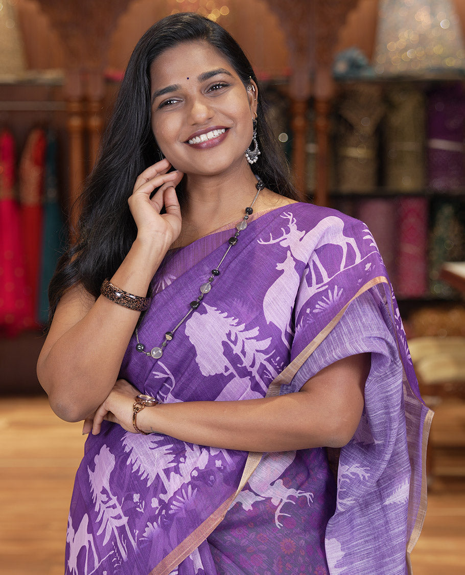 Violet Christmas-Themed Linen Cotton Saree, a Subtle Piping Border, a Christmas-Themed Print Pallu, a Contrast Blouse
