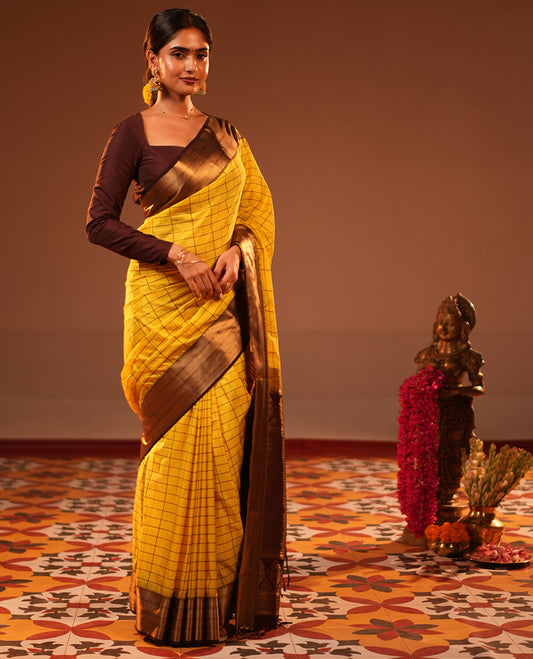 Lemon Yellow Checks Semi-Soft Silk Saree