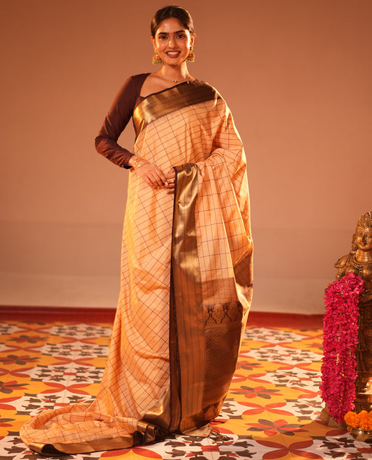 Biscuit Checks Semi-Soft Silk Saree