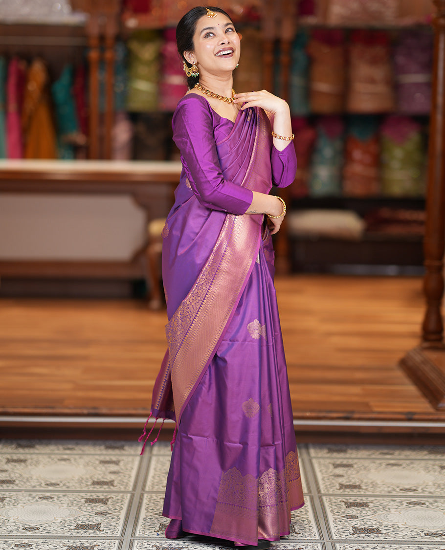 Purple Zari Buttas Soft Silk Saree, Animal Motif Zari Border, Grand Pallu, Matching Blouse