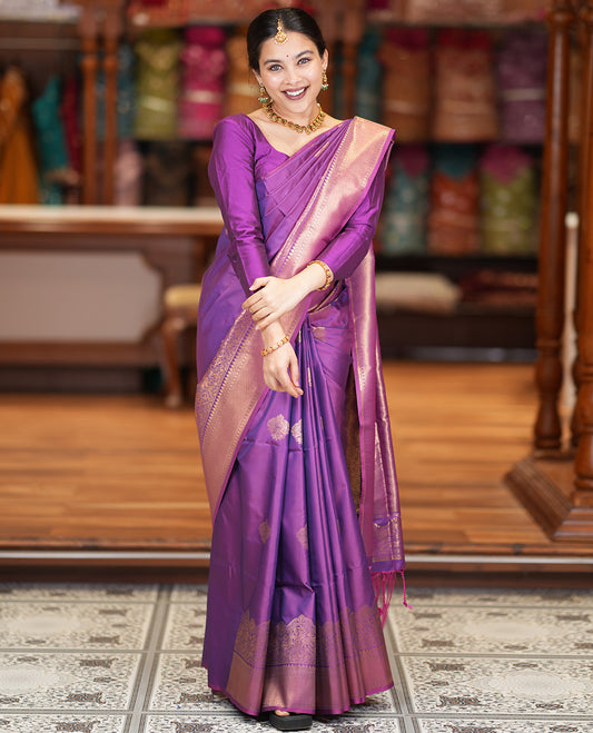 Purple Zari Buttas Soft Silk Saree, Animal Motif Zari Border, Grand Pallu, Matching Blouse