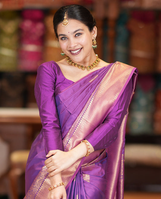 Purple Zari Buttas Soft Silk Saree, Animal Motif Zari Border, Grand Pallu, Matching Blouse