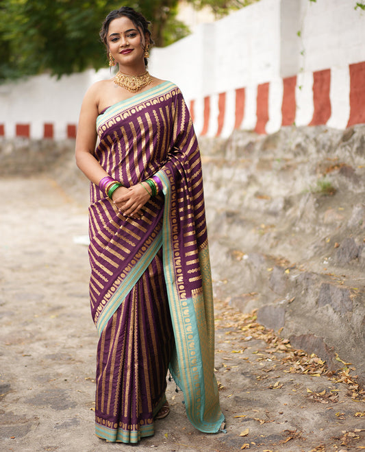 Wine Zari Stripes Fancy Raw Silk Saree, Contrast Traditional Border, Jaal Pallu, and Contrast Blouse