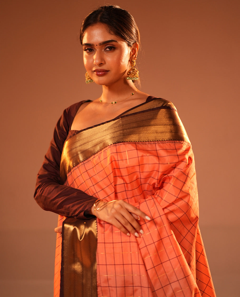 Peach-Coffee Brown Semi-Soft Silk Saree