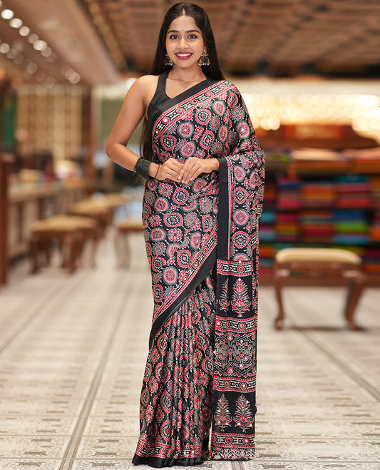 Black Modal Satin Saree, Adorned with Ajrakh Print, a Self-Printed Border, Ajrakh Pallu, a Matching Blouse