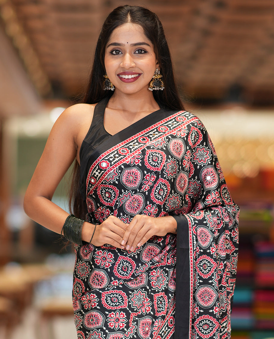 Black Modal Satin Saree, Adorned with Ajrakh Print, a Self-Printed Border, Ajrakh Pallu, a Matching Blouse