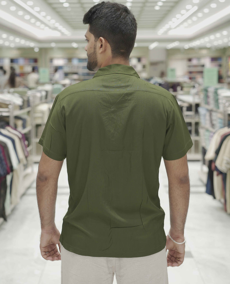 Dark Green Cotton-Blended Casual Shirt, Subtle Sparkled with Contemporary Prints, Comes with a Cuban Collar, Half-Sleeves, Regular Fit, and Regular Length