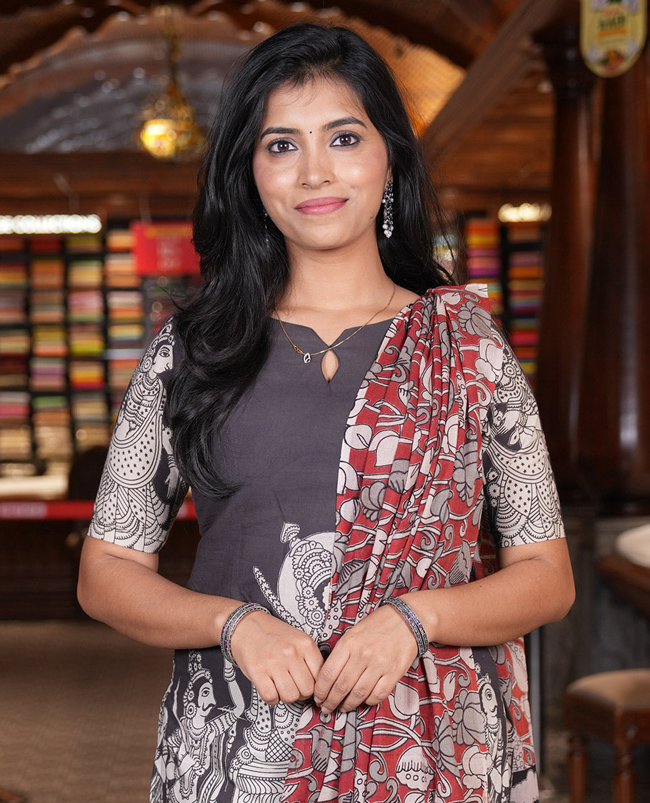 Cream-Black Cotton Material Chudidar Features Kalamkari Ancient Humans Printed Top, Contrast Bottom, Kalamkari Dupatta