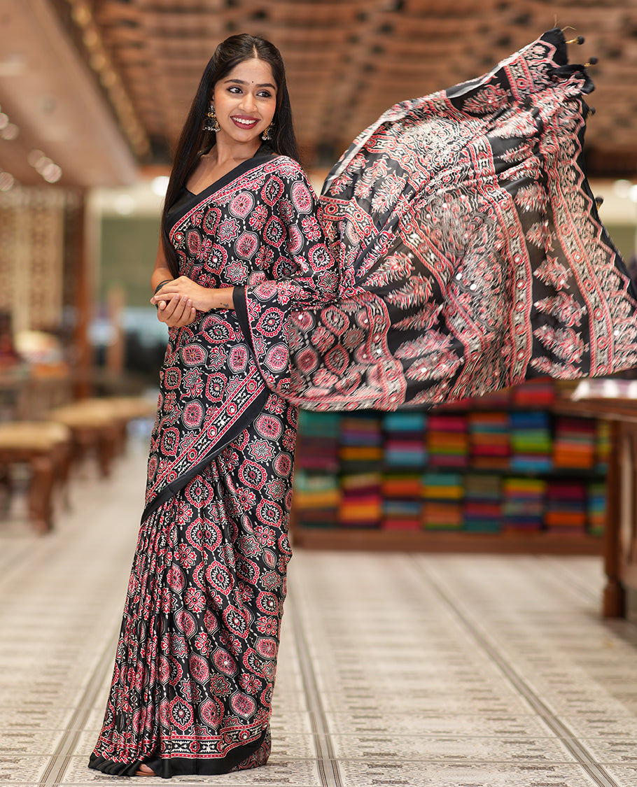 Black Modal Satin Saree, Adorned with Ajrakh Print, a Self-Printed Border, Ajrakh Pallu, a Matching Blouse
