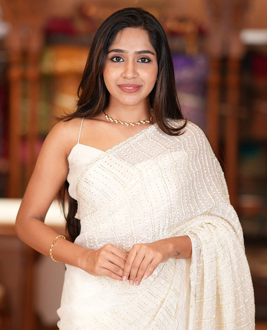 Cream Fendi Chiffon Saree, Bead Embroidery, a Scalloped Border, a Matching Blouse