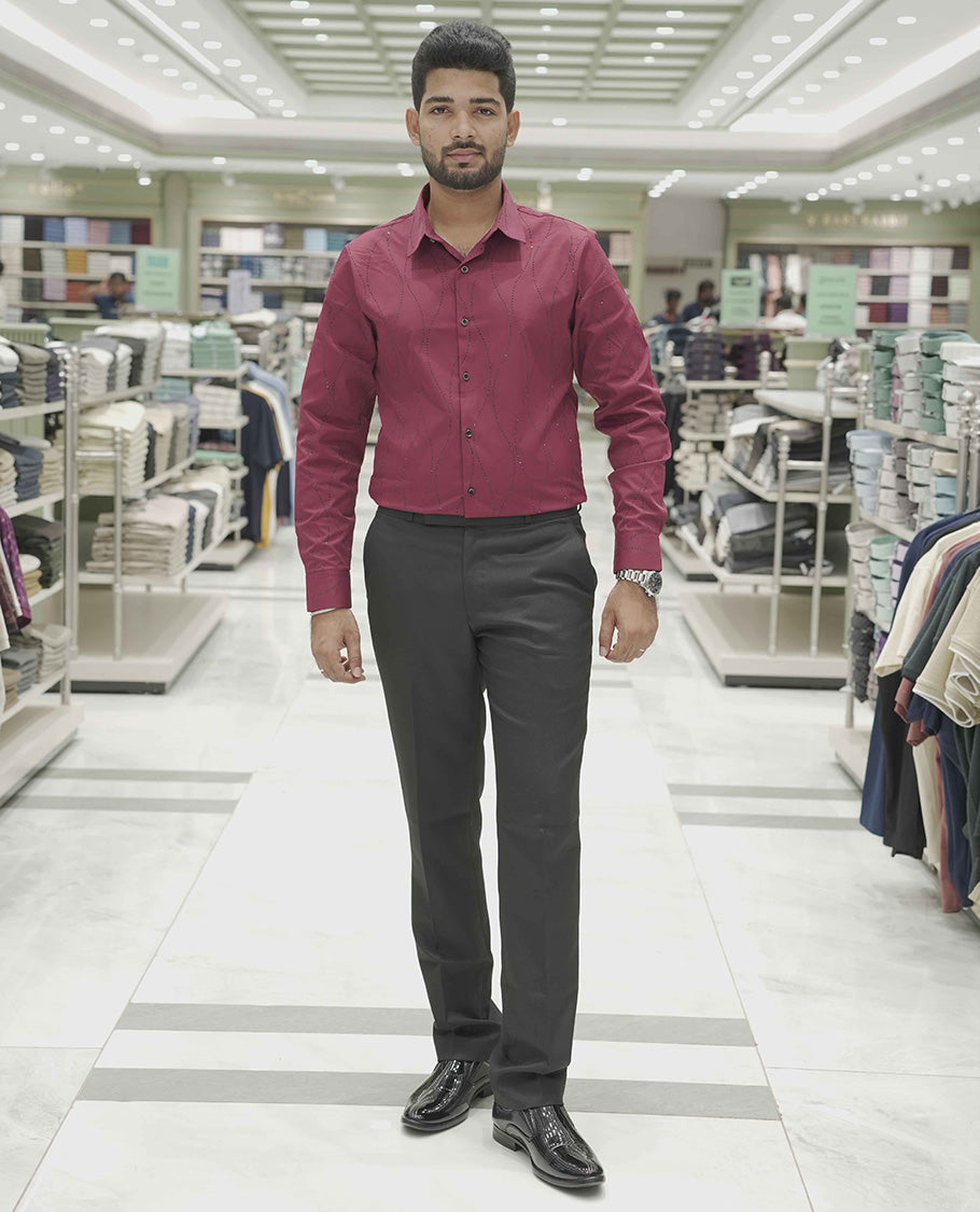 Maroon Poly-Blended Party Wear Shirt, Adorned with Geometric Stonework Patterns, Comes with a Spread Collar, Full Sleeves, Slim Fit, and Regular Length