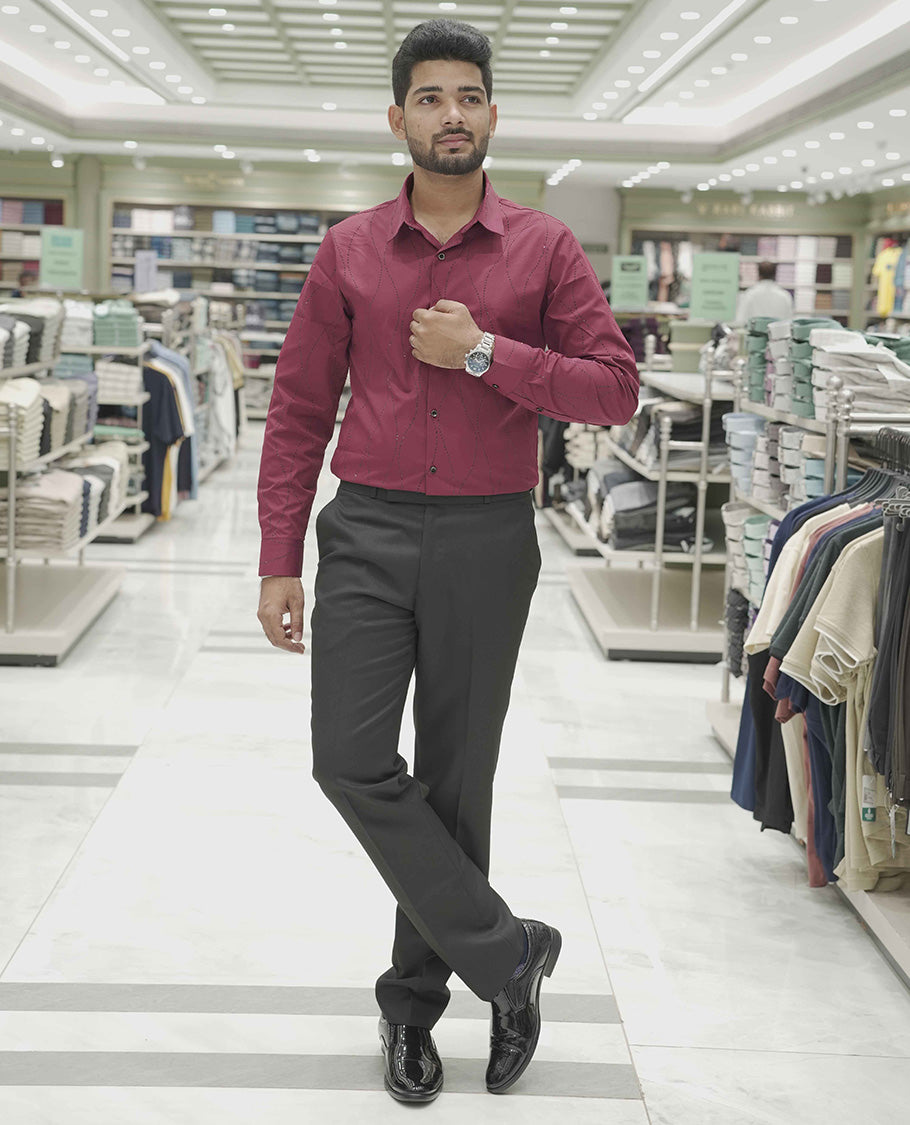Maroon Poly-Blended Party Wear Shirt, Adorned with Geometric Stonework Patterns, Comes with a Spread Collar, Full Sleeves, Slim Fit, and Regular Length