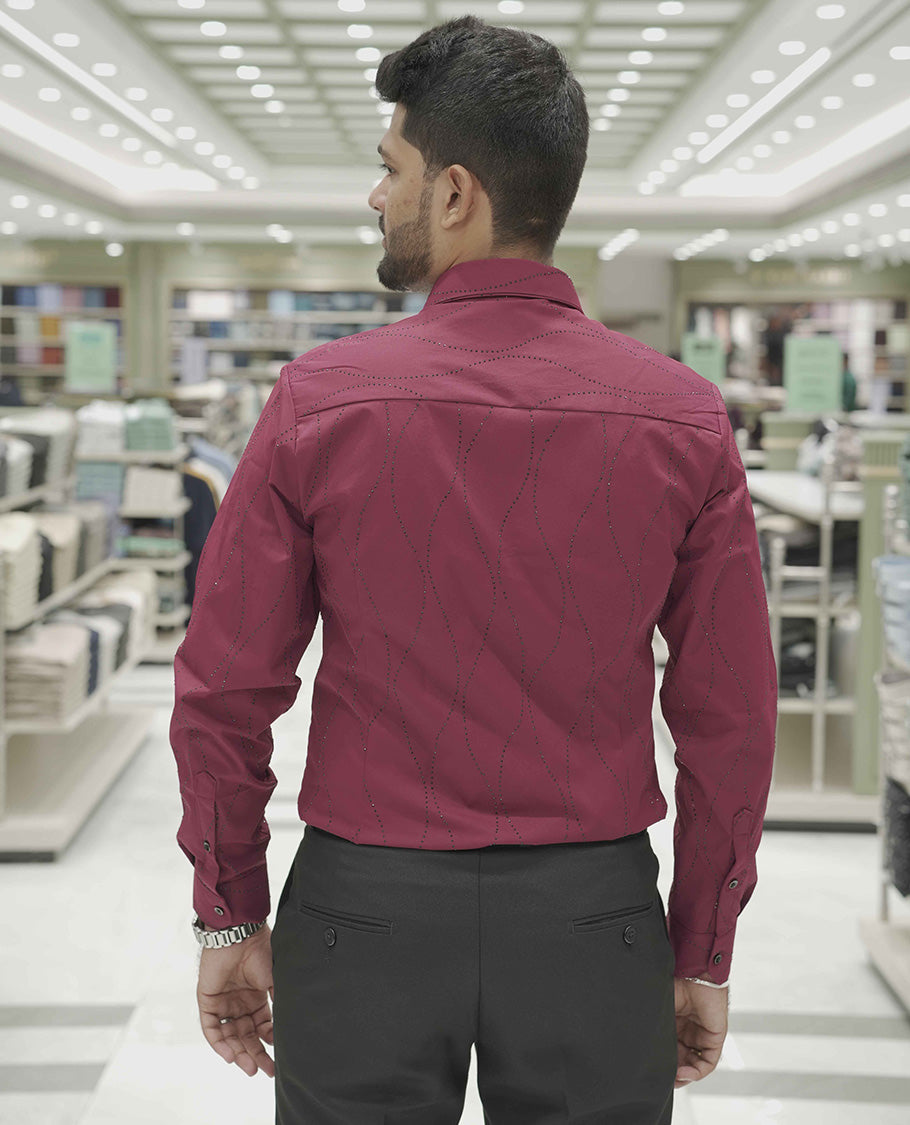 Maroon Poly-Blended Party Wear Shirt, Adorned with Geometric Stonework Patterns, Comes with a Spread Collar, Full Sleeves, Slim Fit, and Regular Length