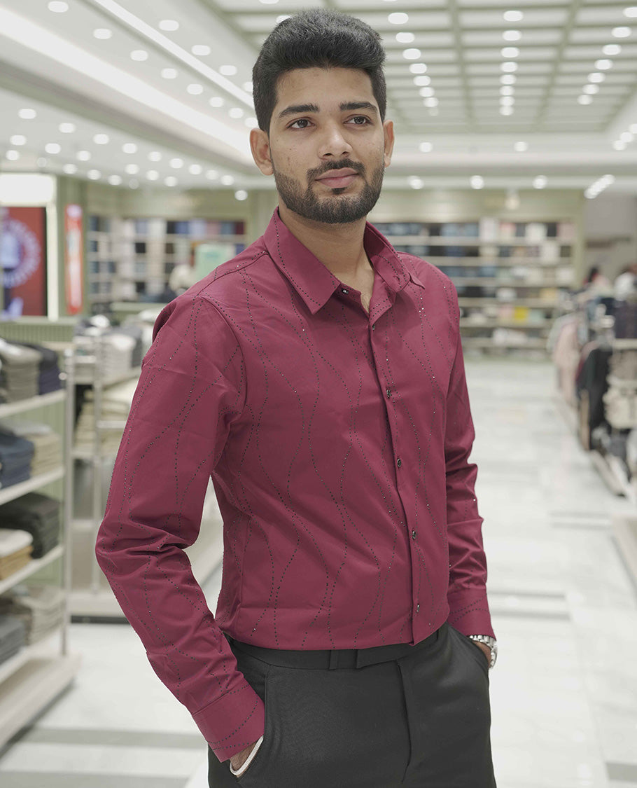 Maroon Poly-Blended Party Wear Shirt, Adorned with Geometric Stonework Patterns, Comes with a Spread Collar, Full Sleeves, Slim Fit, and Regular Length