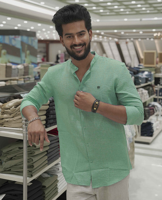Mint Green Plain Korean Linen-Blended Casual Shirt, Comes with a Mandarin Collar, Full-Sleeves, Slim Fit, and Regular Length