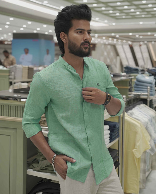 Mint Green Plain Korean Linen-Blended Casual Shirt, Comes with a Mandarin Collar, Full-Sleeves, Slim Fit, and Regular Length