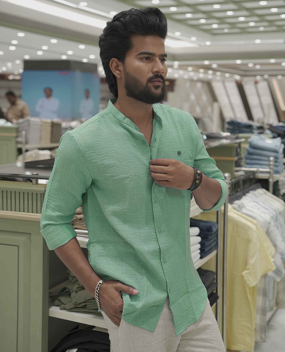 Mint Green Plain Korean Linen-Blended Casual Shirt, Comes with a Mandarin Collar, Full-Sleeves, Slim Fit, and Regular Length