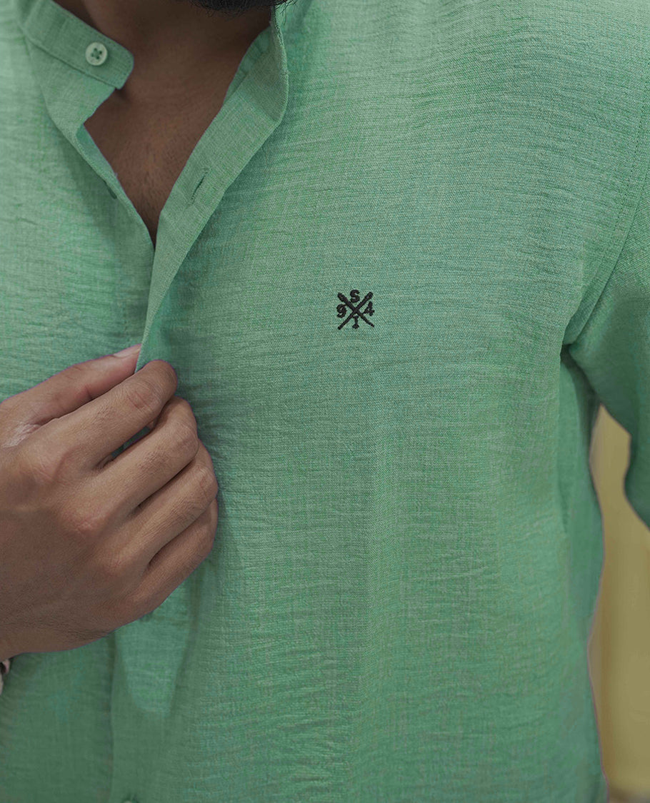 Mint Green Plain Korean Linen-Blended Casual Shirt, Comes with a Mandarin Collar, Full-Sleeves, Slim Fit, and Regular Length