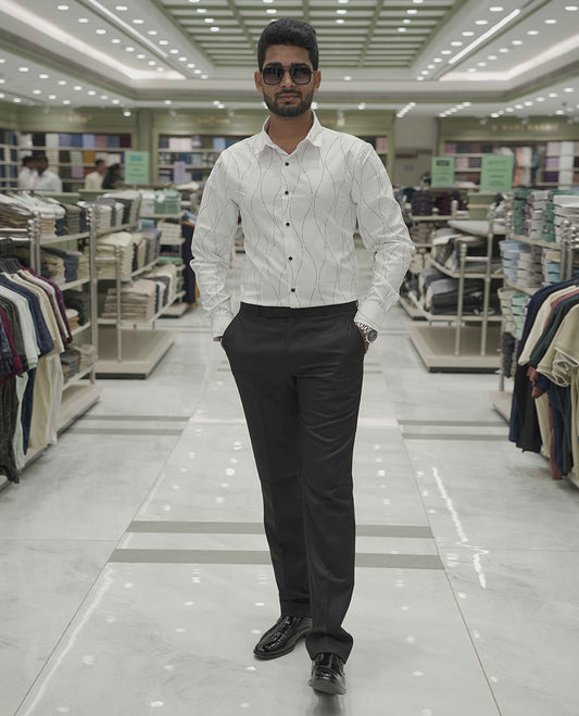 White Poly-Blended Party Wear Shirt, Adorned with Geometric Stonework Patterns, Comes with a Spread Collar, Full Sleeves, Slim Fit, and Regular Length