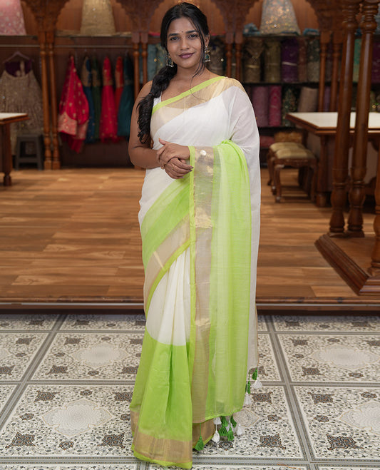 Off-White-Parrot Green Plain Half-And-Half-Style Khadi Mul Cotton Saree with a Zari Border, and No Blouse
