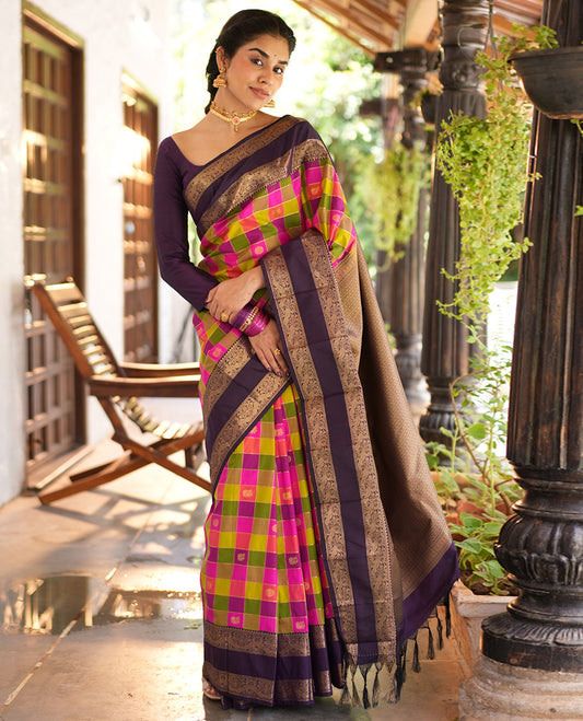 Multi-Color Budget Silksaree Feature Checks and Buttas, Contrast Rettaipettu Border, Contrast Blouse