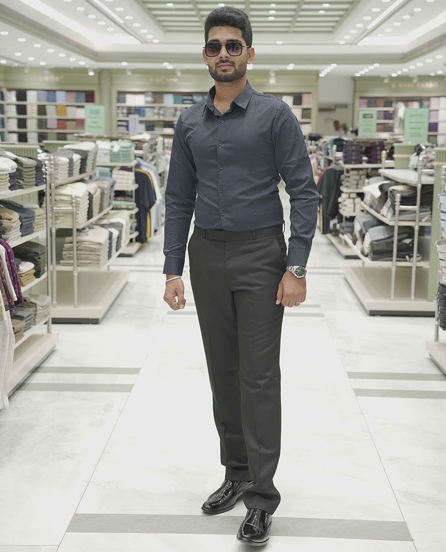 Grey Poly-Blended Party Wear Shirt, Adorned with Geometric Stonework Patterns, Comes with a Spread Collar, Full Sleeves, Slim Fit, and Regular Length
