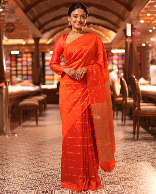 Borderless Orange Chanderi Cotton Saree, Grand Intricately Designed Pallu, and a Matching Blouse