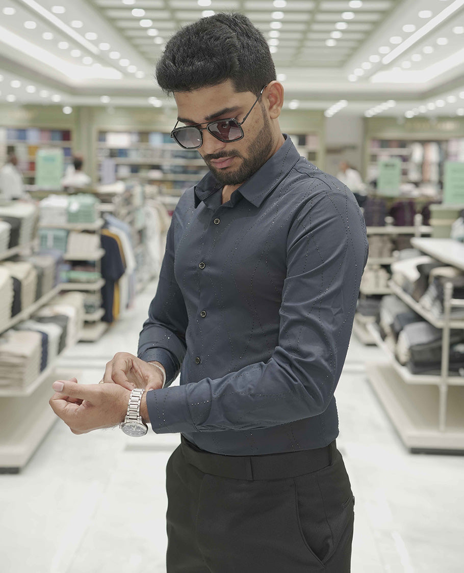 Grey Poly-Blended Party Wear Shirt, Adorned with Geometric Stonework Patterns, Comes with a Spread Collar, Full Sleeves, Slim Fit, and Regular Length
