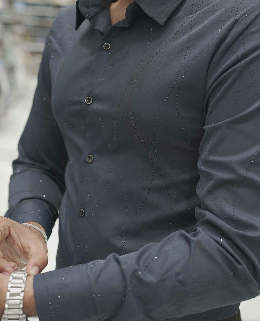 Grey Poly-Blended Party Wear Shirt, Adorned with Geometric Stonework Patterns, Comes with a Spread Collar, Full Sleeves, Slim Fit, and Regular Length