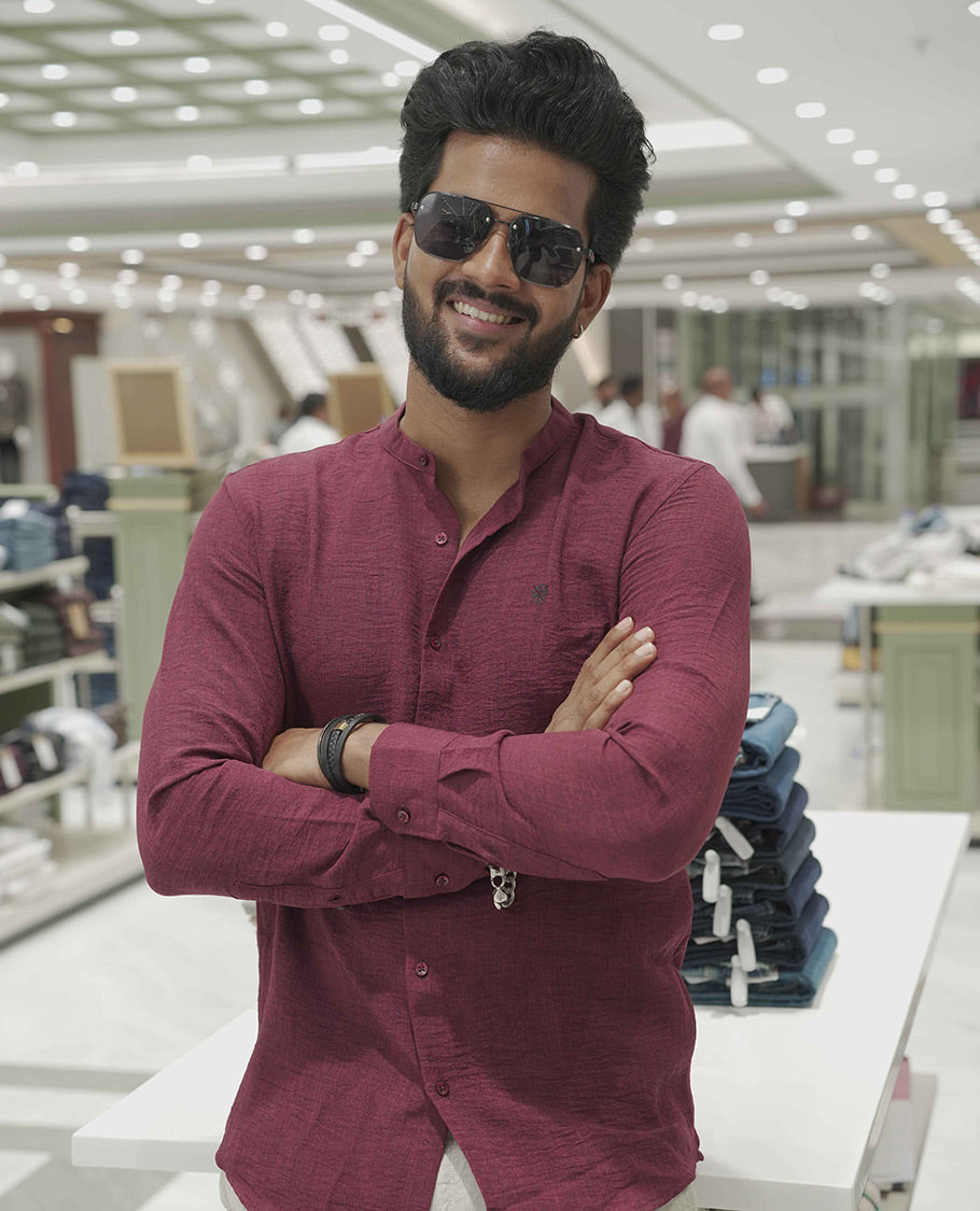 Maroon Plain Korean Linen-Blended Casual Shirt, Comes with a Mandarin Collar, Full-Sleeves, Slim Fit, and Regular Length