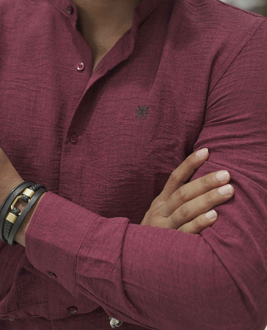 Maroon Plain Korean Linen-Blended Casual Shirt, Comes with a Mandarin Collar, Full-Sleeves, Slim Fit, and Regular Length