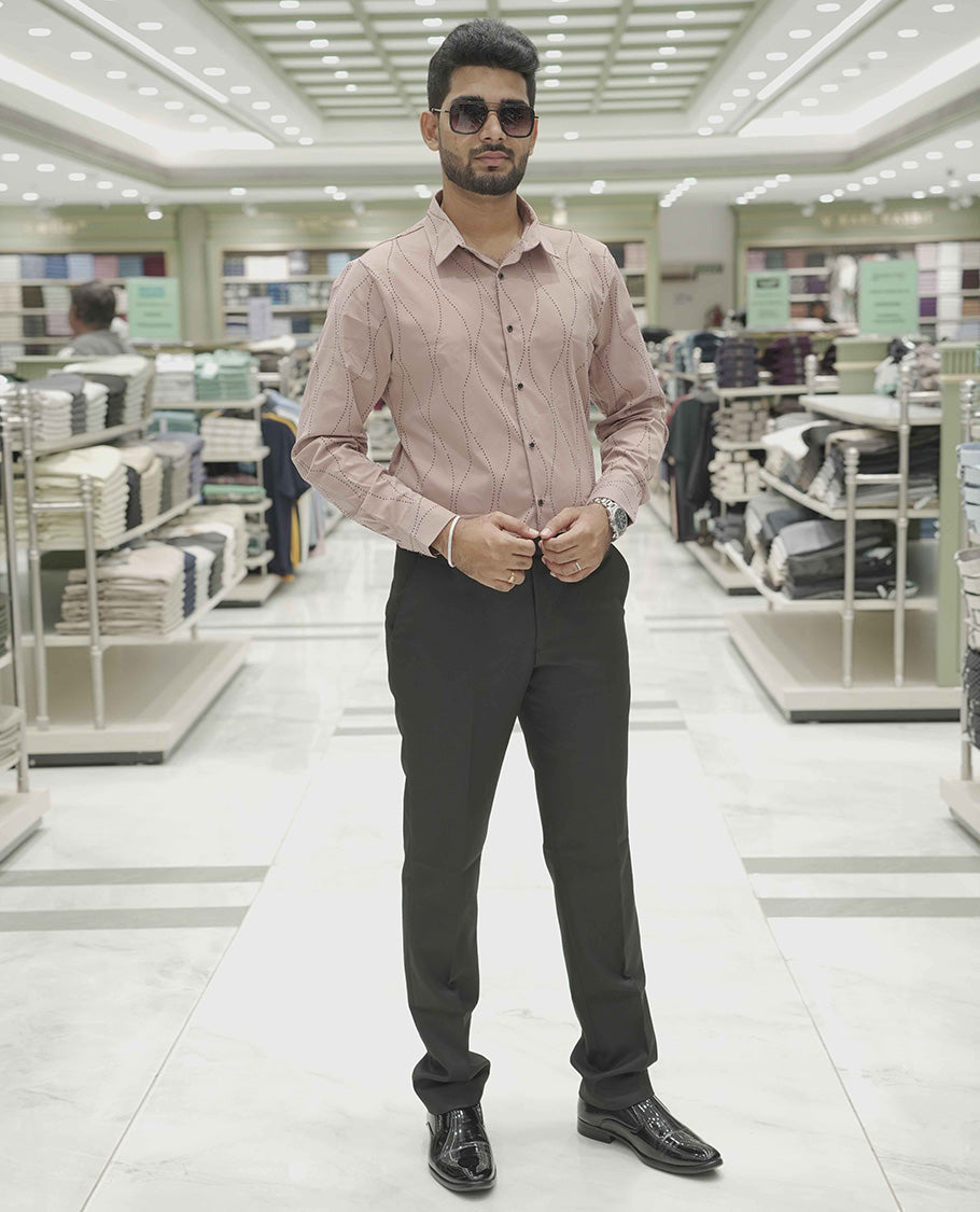Peach Poly-Blended Party Wear Shirt, Adorned with Geometric Stonework Patterns, Comes with a Spread Collar, Full Sleeves, Slim Fit, and Regular Length
