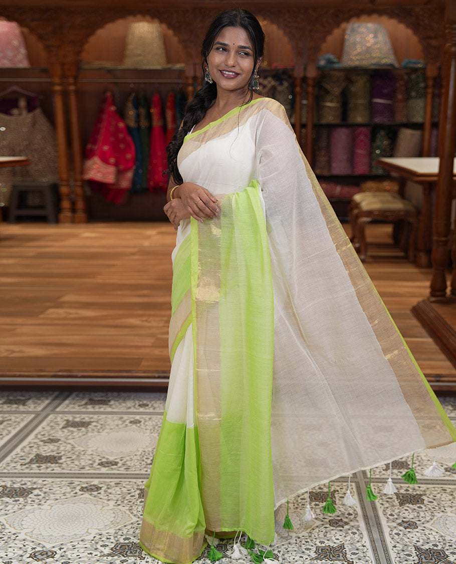 Off-White-Parrot Green Plain Half-And-Half-Style Khadi Mul Cotton Saree with a Zari Border, and No Blouse