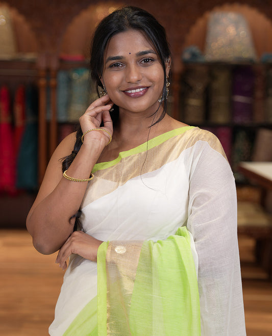 Off-White-Parrot Green Plain Half-And-Half-Style Khadi Mul Cotton Saree with a Zari Border, and No Blouse
