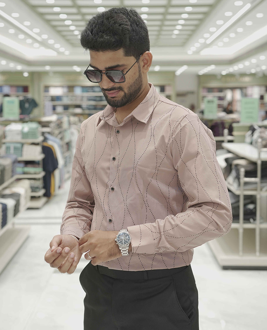 Peach Poly-Blended Party Wear Shirt, Adorned with Geometric Stonework Patterns, Comes with a Spread Collar, Full Sleeves, Slim Fit, and Regular Length
