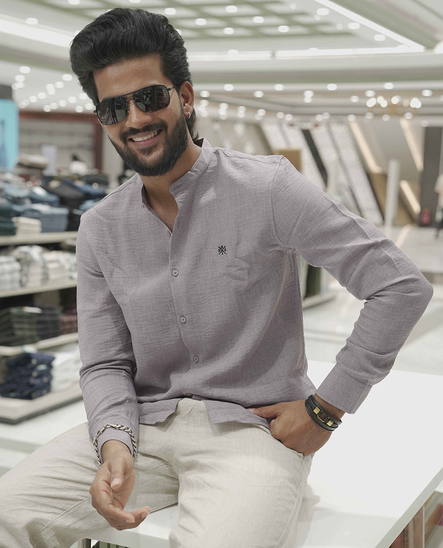 Lavender Plain Korean Linen-Blended Casual Shirt, Comes with a Mandarin Collar, Full-Sleeves, Slim Fit, and Regular Length