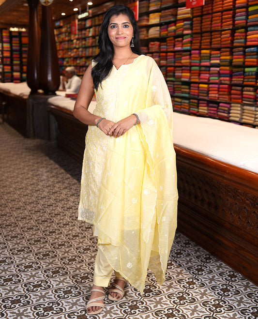 Yellow Mul Chanderi Material Chudidar, Lucknowi-Style Embroidery Top, a Santoon Bottom, Scallop Embroidered Dupatta