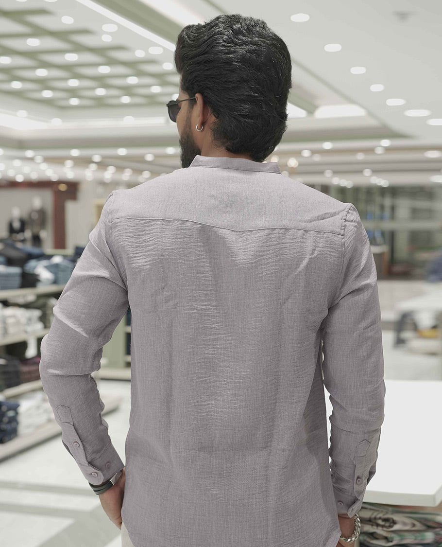 Lavender Plain Korean Linen-Blended Casual Shirt, Comes with a Mandarin Collar, Full-Sleeves, Slim Fit, and Regular Length